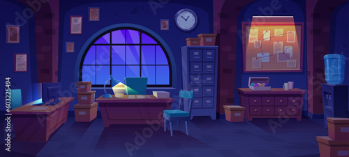 Night police office station interior room. Dark inside bureau cartoon background with lamp and computer light ray. Law security agency cabinet with window for investigator workplace with table