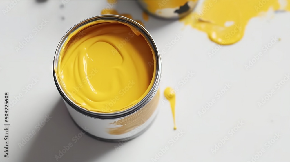  a paint can with yellow paint on a white surface with a paintbrush.  generative ai