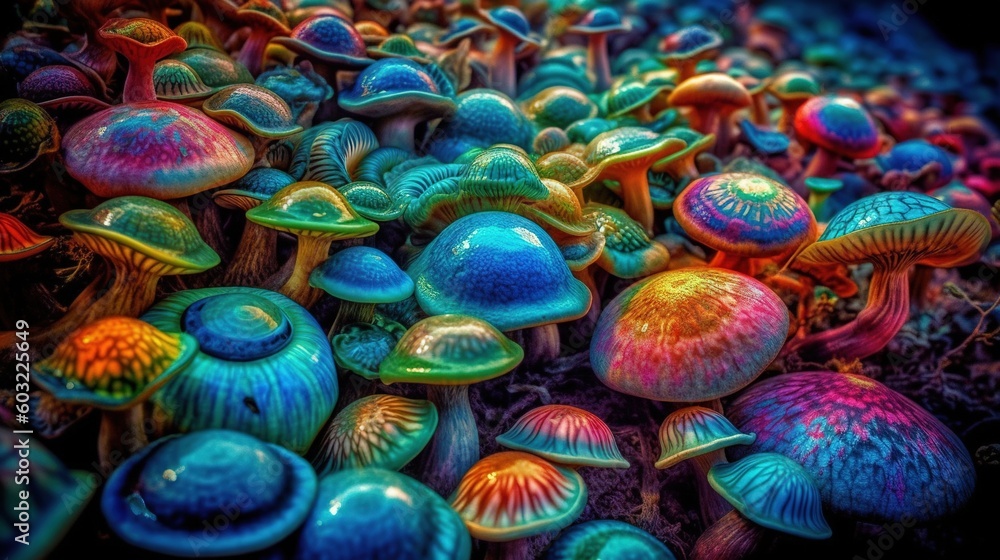  a group of colorful mushrooms sitting on top of a pile of dirt.  generative ai