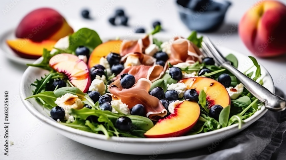  a plate of salad with peaches, blueberries and prosciutto.  generative ai