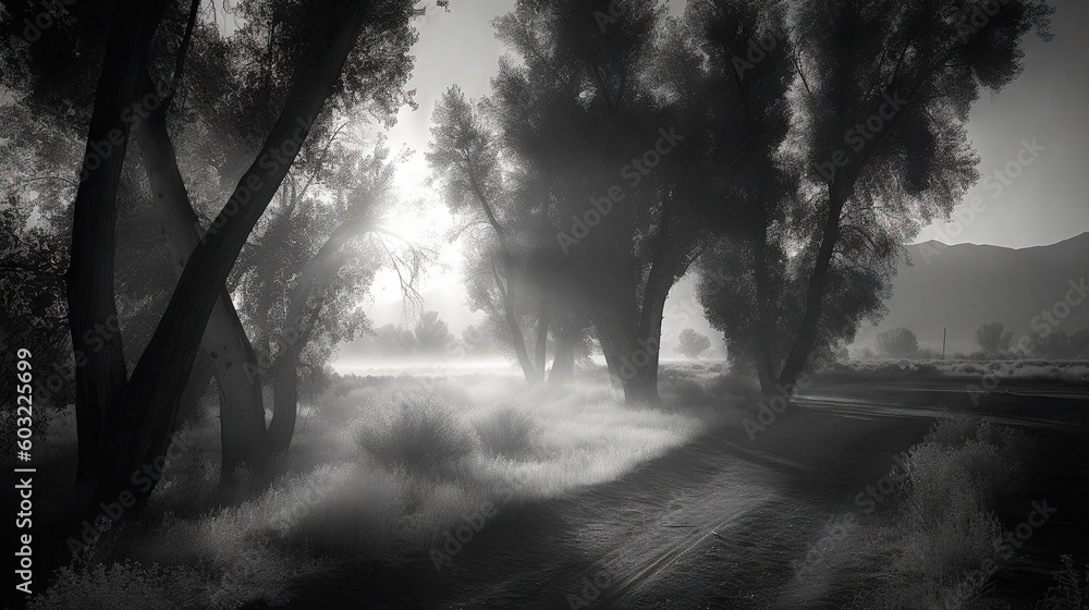  a black and white photo of a foggy road and trees.  generative ai