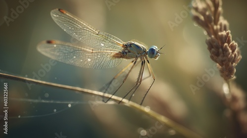  a close up of a dragonfly on a plant with water droplets.  generative ai © Nadia