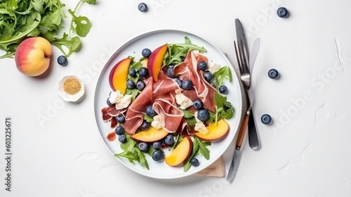  a white plate topped with a salad covered in fruits and meat. generative ai
