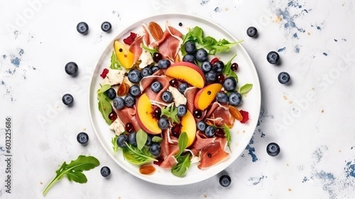  a white plate topped with a salad covered in fruits and veggies. generative ai