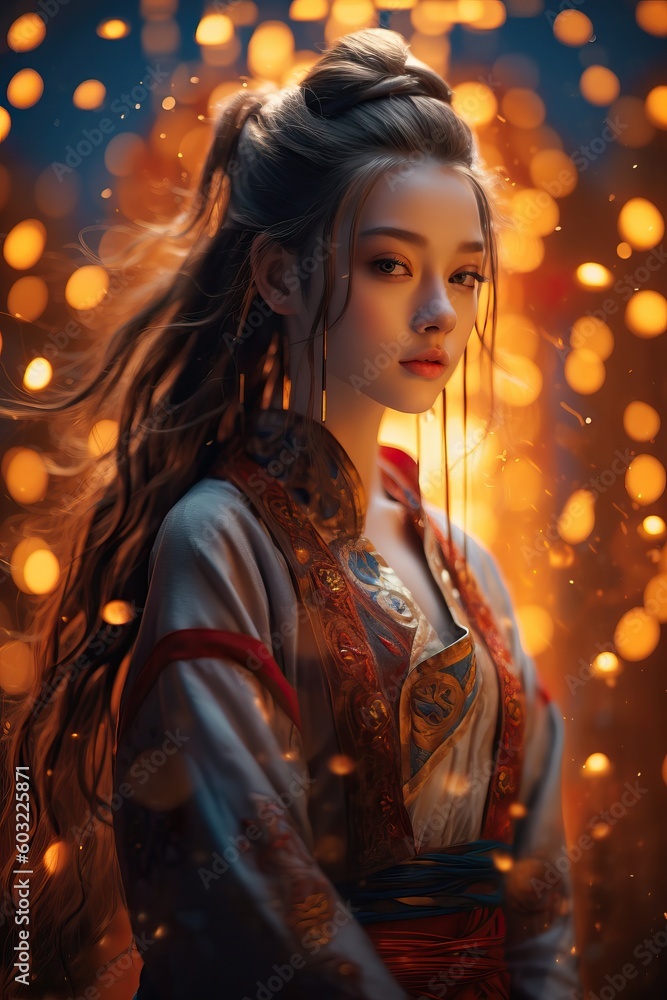 Fototapeta premium Portrait a beautiful asian woman with light exposure ai generate
