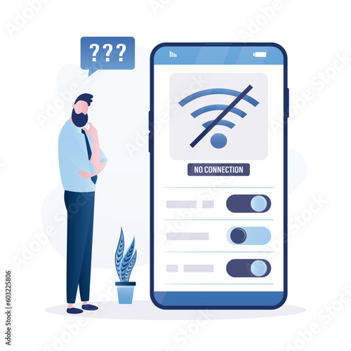 User without internet connection, wifi unavailable, wi-fi has no internet. Unhappy businessman using smartphone offline and confused because there is no wifi signal.