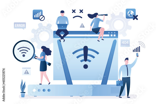 Users without internet connection, wifi unavailable, wi-fi has no internet. Unhappy people using gadgets offline and confused because there is no wifi signal. Problems with router and network.