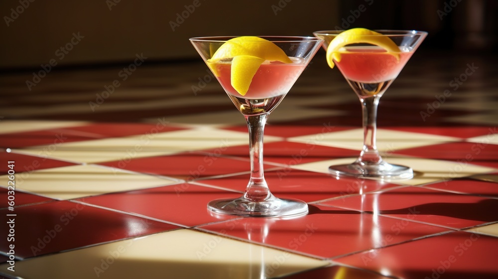  two martini glasses on a red and white checkered table.  generative ai