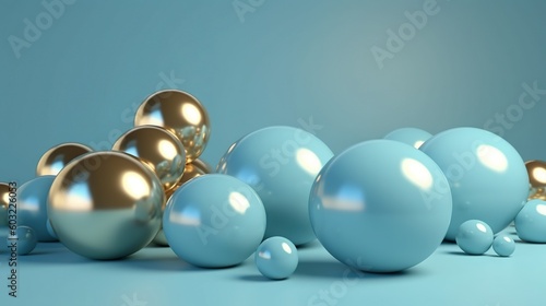  a group of shiny blue and gold balls on a blue background. generative ai