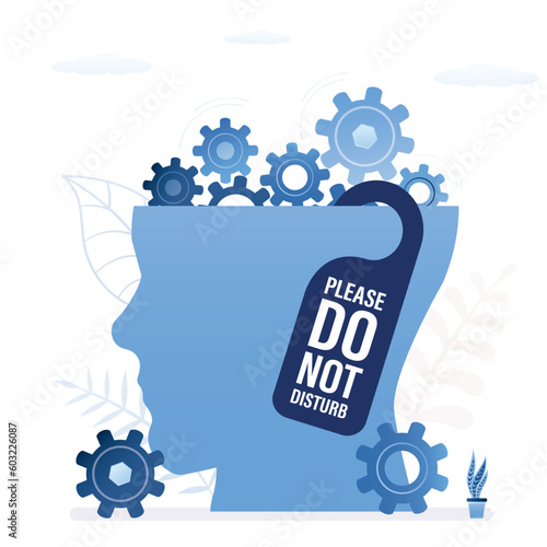 Human head with do not disturb sign, thinking of business solution. Focus in thinking or creativity concentrate and eliminate distraction increase productivity. Brainstorming, workflow