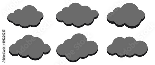 Smoke grey clouds vector icon set isolated on white background. Cartoon dark  fluffy clouds collection for pollution heaven scene and backgrounds. Flat design cumulus clip art vector illustration.
