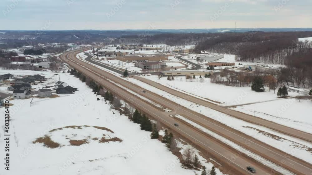 Aerial, freeway with very few cars in the United States during winter, pandemic lockdown Aerial, freeway with very few cars in the United States during winter, pandemic lockdown