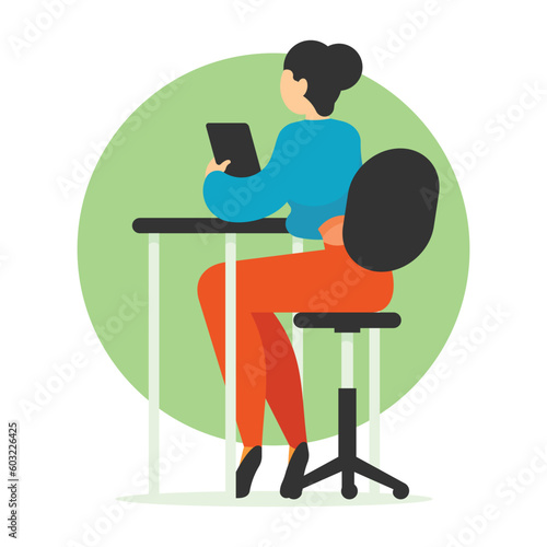 Woman sitting at the desk and using tablet. Flat style vector illustration.