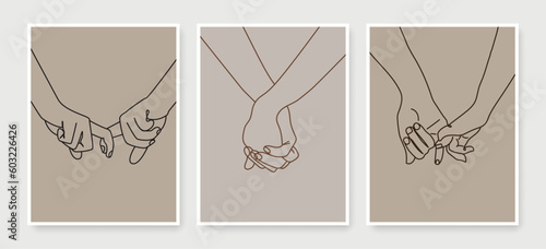 Holding Hands Continuous Line Drawing Prints Set for Wall Decor. Pinky Swear Minimalist Abstract Illustration One Line Style for Modern or Boho Design. Vector Illustration