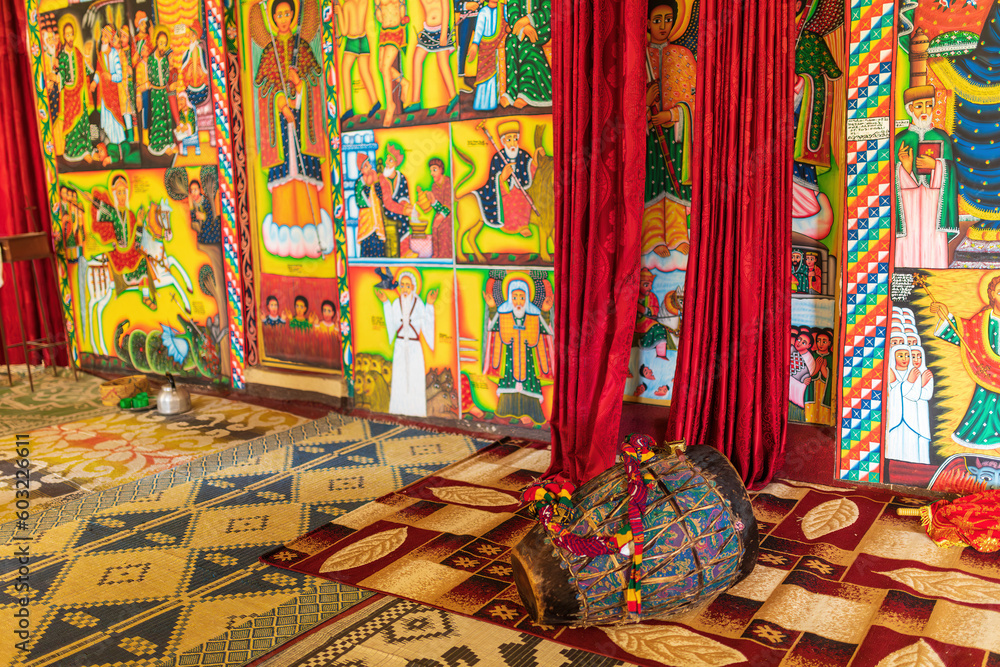 Religious drum inside in monastery on Lake Tana, Ethiopia Africa