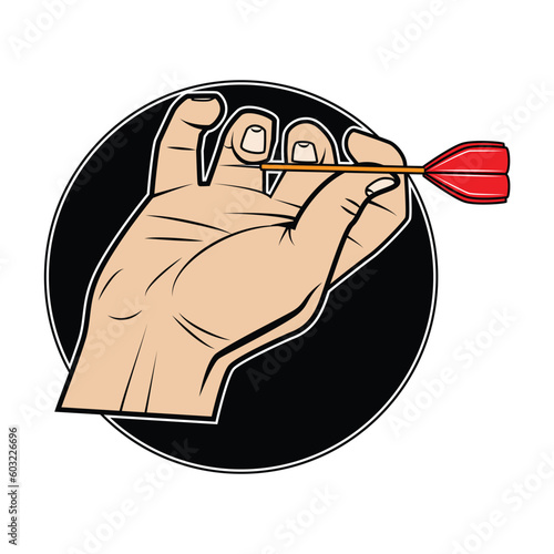 Hand with dart and arrow in a black circle on white background. Vector illustration.