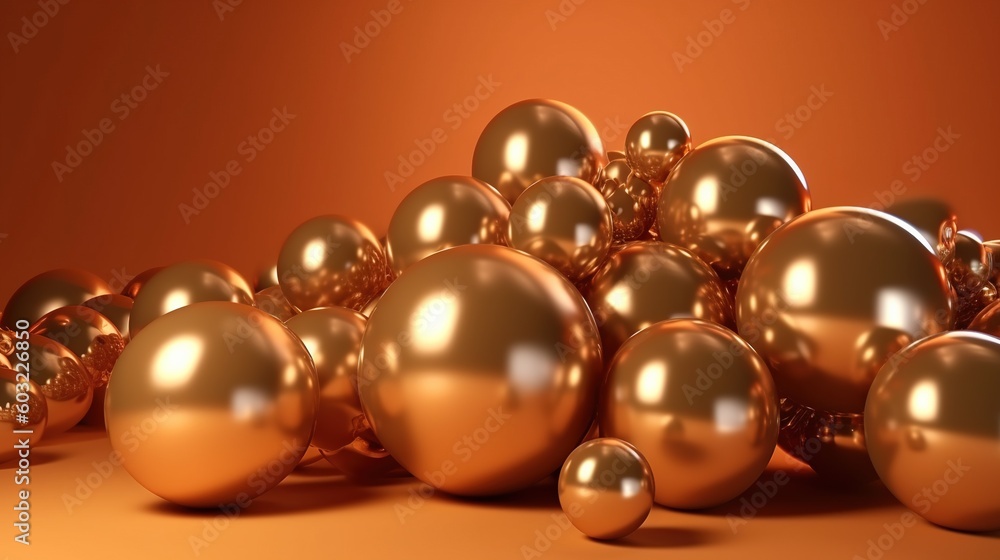 a pile of shiny gold balls on a brown background with a red background. generative ai a pile of shiny gold balls on a brown background with a red background. generative ai