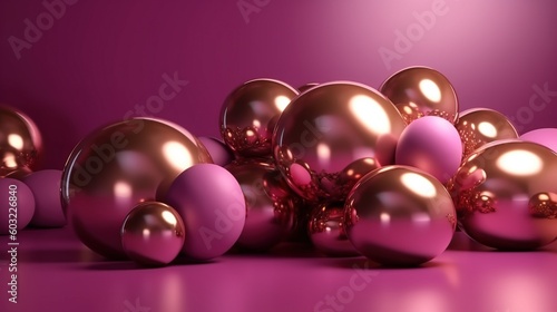  a bunch of shiny pink and gold ornaments on a purple background. generative ai
