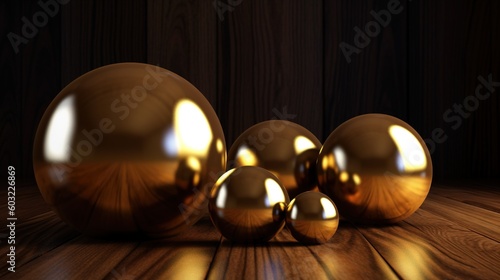  a group of shiny gold balls sitting on top of a wooden floor. generative ai