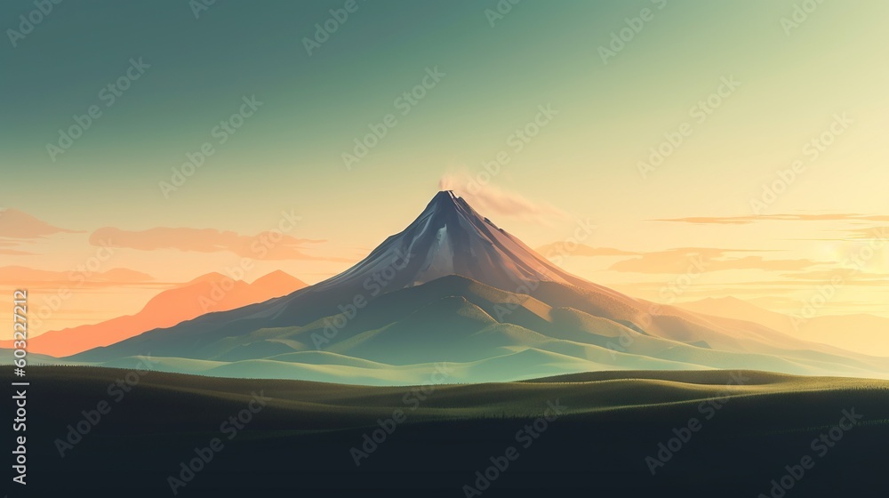  a painting of a mountain in the distance with a sky background.  generative ai