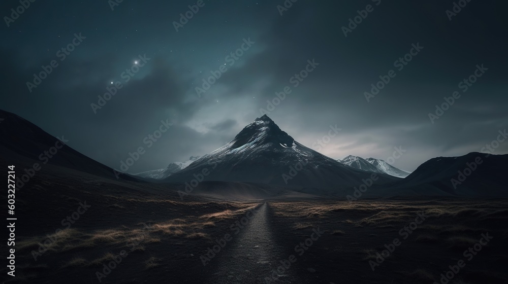 a long road leading to a mountain under a cloudy sky.  generative ai