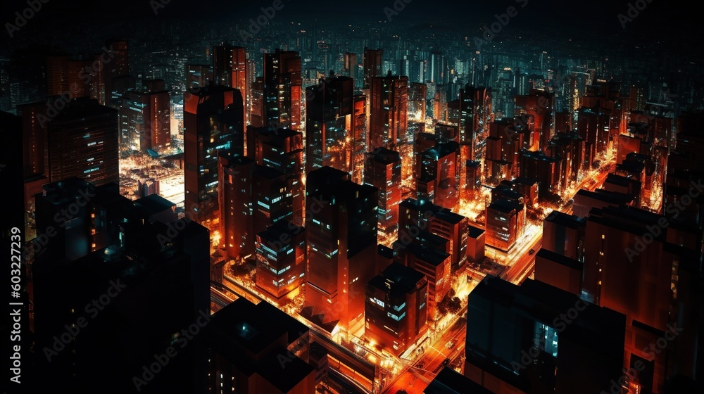  a city at night with a lot of tall buildings lit up.  generative ai