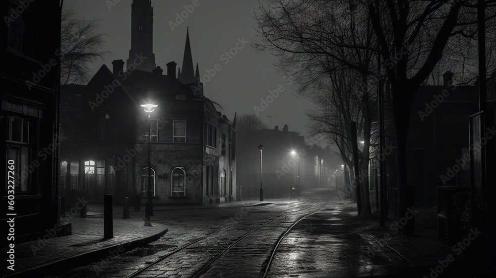  a dark street with a clock tower in the background at night.  generative ai