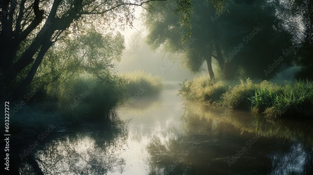 a body of water surrounded by trees and grass on a foggy day. generative ai a body of water surrounded by trees and grass on a foggy day. generative ai
