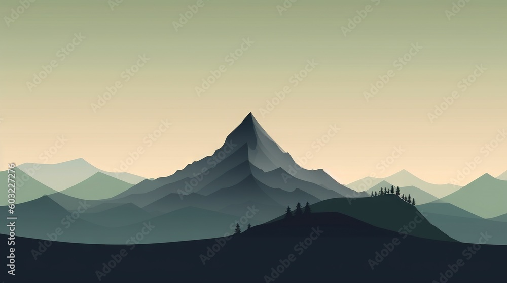  a silhouette of a mountain with trees on top of it.  generative ai