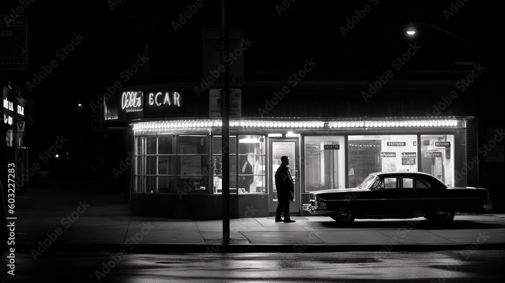 a man standing in front of a car at night in front of a store. generative ai a man standing in front of a car at night in front of a store. generative ai