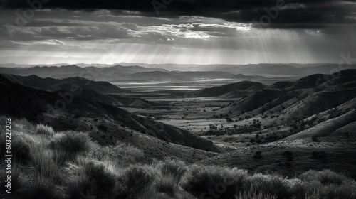 a black and white photo of a valley with mountains in the background. generative ai