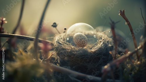  a bird's nest with a white egg in it. generative ai