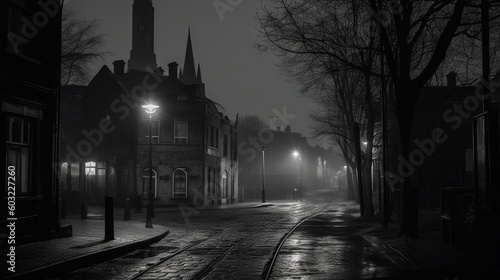  a dark street with a clock tower in the background at night. generative ai