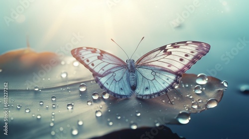  a butterfly sitting on a leaf with water droplets on it. generative ai