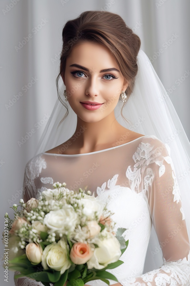 Naklejka premium Portrait a beautiful bride with flower bouquet ai generate