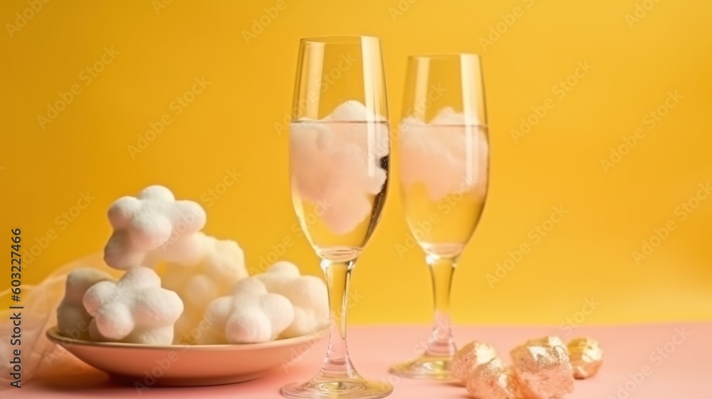 two champagne glasses with marshmallows and a bowl of marshmallows. generative ai two champagne glasses with marshmallows and a bowl of marshmallows. generative ai