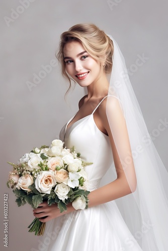 Portrait a beautiful bride with flower bouquet ai generate