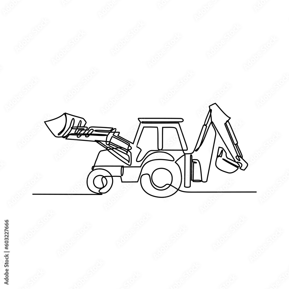 One continuous line drawing of bulldozer in the site project . Construction Project design concept with simple linear style. Construction Project vector design illustration concept.