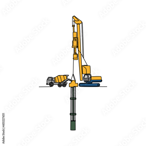 One continuous line drawing of bore pile machine in the site project . Construction Project design concept with simple linear style. Construction Project vector design illustration concept.