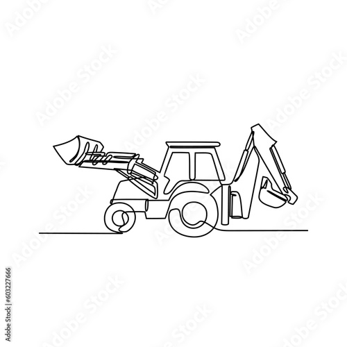 One continuous line drawing of bulldozer in the site project . Construction Project design concept with simple linear style. Construction Project vector design illustration concept.