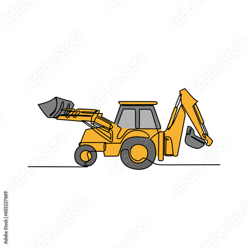 One continuous line drawing of bulldozer in the site project . Construction Project design concept with simple linear style. Construction Project vector design illustration concept.