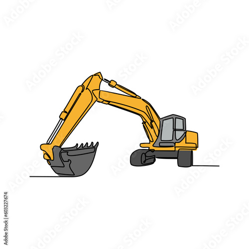 One continuous line drawing of excavator in the site project . Construction Project design concept with simple linear style. Construction Project vector design illustration concept.