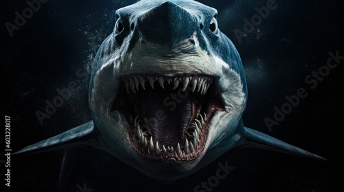 Massive megalodon shark swims in the depths of the underwater world. Generative AI