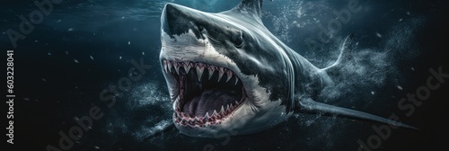 Massive megalodon shark swims in the depths of the underwater world. Generative AI © ColdFire