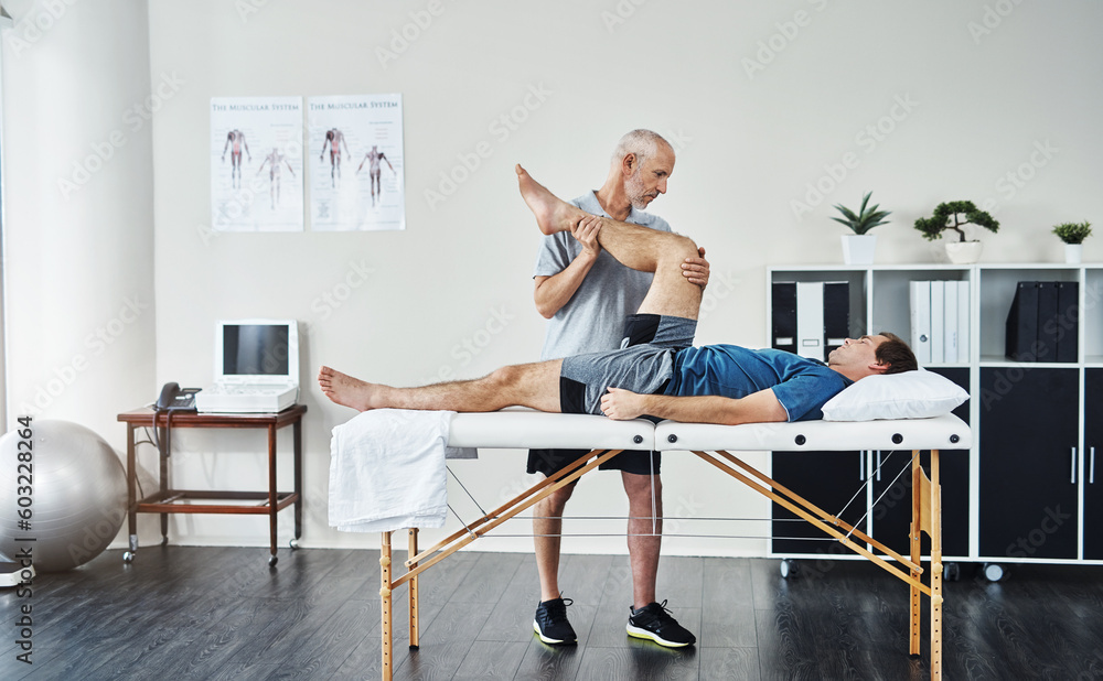 Healing, physiotherapist or patient with healthcare, leg injury or recovery with wellness, care or stretching. Male person, customer or chiropractor with physical therapy, rehabilitation or knee pain