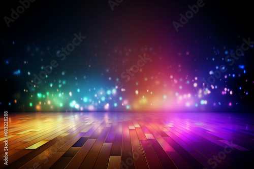 A colorful background with a wooden floor and a spotlight that says'dance'on it