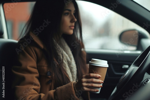 Woman sitting in the car holding takeaway coffee, Generative AI © Яна Степиня