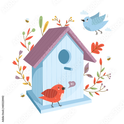Wooden colorful birdhouse with small birds. House for feathered animals. Spring time for nesting. Ornamental leaves and flowers on an isolated white background. Stock vector illustration.