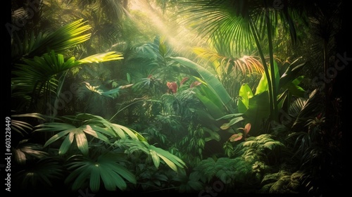  a lush green jungle filled with lots of trees and plants.  generative ai