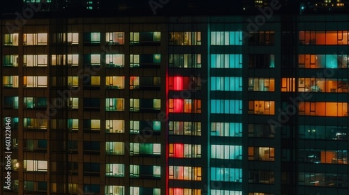  a tall building with many windows lit up in the night. generative ai